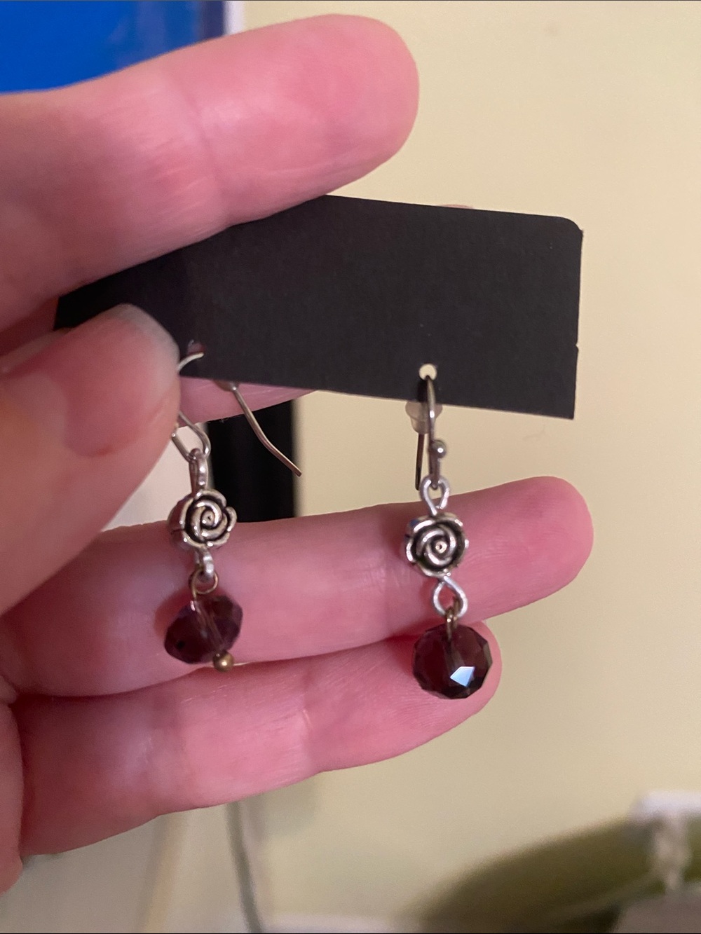 Silver Rose Drop Earrings with Deep Red Faceted Beads